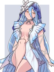  alternate_costume azura_(fire_emblem) blue_hair blush breasts center_opening collarbone commentary cosplay crossover dress english_commentary female fire_emblem fire_emblem_fates hair_between_eyes highres long_hair mnejing30 short_dress simple_background sitting smile solo the_shorekeeper_(wuthering_waves) the_shorekeeper_(wuthering_waves)_(cosplay) thighs veil very_long_hair white_dress wuthering_waves yellow_eyes 