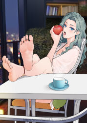  absurdres apple barefoot beifeng_han blue_eyes chair feet feet_up female food fruit grey_hair highres holding holding_food holding_fruit jewelry legs_up long_hair looking_at_viewer mature_female open_mouth original sitting soles table toe_ring toes tongue tongue_out 