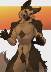  2024 anthro big_muscles biped brown_body brown_fur canid canine canis comfortdoggo fur hi_res looking_at_viewer male mammal muscular muscular_anthro muscular_male nude_anthro nude_male solo wolf yellow_eyes 