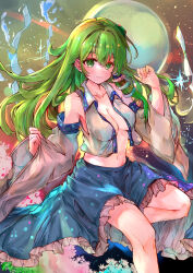  absurdres bare_shoulders blue_skirt blue_trim blush breasts cleavage closed_mouth collarbone collared_shirt commentary_request crop_top detached_sleeves female frilled_skirt frills frog_hair_ornament green_eyes green_hair hair_ornament highres ikazuchi_akira kochiya_sanae long_hair long_sleeves looking_at_viewer midriff navel no_bra open_clothes open_shirt shide shirt single_hair_tube single_sidelock sitting skirt smile snake_hair_ornament socks solo stomach touhou very_long_hair white_shirt white_sleeves white_socks wide_sleeves 