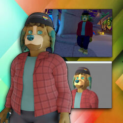  2024 3d_modeling anthro beanie bottomwear brown_body brown_fur canid canine canis clothed clothing domestic_dog fur green_eyes hat headgear headwear long_sleeve_shirt male mammal pants shirt topwear ufiara_(character) vrchat vrchat_model xca zgf_art 