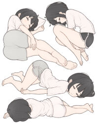  1ssakawaguchi absurdres ass bare_legs barefoot black_hair black_shorts bob_cut closed_eyes closed_mouth commentary crossed_ankles dolphin_shorts female grey_shorts head_on_pillow highres ichika_(1ssakawaguchi) light_blush lying multiple_views on_side original pillow shirt short_hair short_shorts shorts simple_background sleeping symbol-only_commentary t-shirt thighs top-down_bottom-up white_background white_shirt white_shorts 