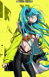  2022 absurdres alternate_costume aqua_eyes aqua_hair black_hair black_pants breasts commentary earrings female green_background green_jacket hatsune_miku highres jacket jewelry long_hair long_sleeves marui_(fxxstate_ofmind) megaphone open_clothes open_jacket pants sleeveless stud_earrings twintails underboob vocaloid 