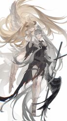  2girls absurdly_long_hair arknights black_dress blonde_hair cloak dress grey_hair highres horns horns_through_headwear long_hair multiple_girls nightingale_(arknights) pointy_ears ponytail shining_(arknights) simple_background sword torn_clothes very_long_hair weapon white_background white_dress white_hair wings xundaixun 