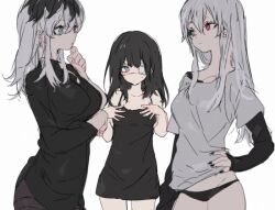  age_progression black_dress black_hair black_panties black_shirt blue_eyes blush breasts dress eyepatch female genderswap_(mtf) heterochromia ihonhon kaneki_ken large_breasts long_hair medical_eyepatch medium_breasts multicolored_hair panties red_eyes rule_63 shirt simple_background small_breasts tokyo_ghoul underwear white_background white_hair white_shirt 