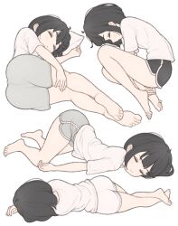  1ssakawaguchi ass bare_legs barefoot black_hair black_shorts bob_cut closed_eyes closed_mouth crossed_ankles dolphin_shorts female grey_shorts head_on_pillow highres ichika_(1ssakawaguchi) light_blush lying multiple_views on_side original pillow shirt short_hair short_shorts shorts simple_background sleeping t-shirt thighs top-down_bottom-up white_background white_shirt white_shorts 