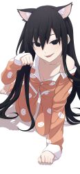  absurdres animal_ears animal_print black_eyes black_hair breasts camui1104 cat_ears cat_girl cat_print female highres long_hair looking_at_viewer monogatari_(series) oerba_yun_fang open_mouth orange_pajamas oshino_ougi pajamas paw_pose simple_background small_breasts solo white_background 