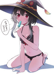  bare_arms bare_legs between_legs black_bra black_hat black_panties blush bra breasts brown_hair cleavage female food frilled_bra frilled_panties frills full_body hand_between_legs hat highres kono_subarashii_sekai_ni_shukufuku_wo! looking_at_viewer megumin navel panties popsicle poyo_pn red_eyes red_ribbon ribbon shiny_skin short_hair_with_long_locks side-tie_panties sidelocks simple_background small_breasts solo speech_bubble underwear underwear_only white_background witch_hat 