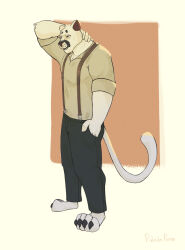  anthro bottomwear clothing cougar echo_(series) echo_project felid feline fur hi_res male mammal muscular muscular_male open_mouth patadeperro paws red_nose samuel_ayers simple_background solo standing suspenders tail teeth the_smoke_room tired tired_eyes topwear white_body white_fur 