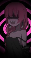  black_tank_top bocchi_the_rock! braid breasts cleavage collarbone commentary_request earrings female halulu highres hiroi_kikuri jewelry long_hair medium_breasts off_shoulder open_mouth pink_hair shaded_face sharp_teeth simple_background smile solo spiral_background tank_top teeth upper_body upper_teeth_only 