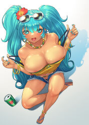  aqua_eyes aqua_hair aqua_nails areola_slip blue_shorts bracelet brazilian_miku breasts cleavage denim denim_shorts eyewear_on_head flower from_above hair_flower hair_ornament hatsune_miku highres jewelry large_breasts off_shoulder open_mouth seed01010 shirt short_shorts shorts sitting smile sunglasses twintails vocaloid yellow_shirt 