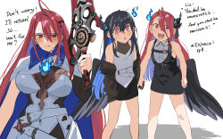  ahoge asymmetrical_horns black_hair blue_fire breasts elizabeth_rose_bloodflame english_commentary english_text enigmatic_recollection fire hololive hololive_english horns huge_ahoge if_they_mated long_hair mismatched_horns mother_and_daughter multicolored_hair multiple_girls open_mouth red_eyes red_hair set7 very_long_hair virtual_youtuber 