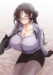  black_hair blush breasts cleavage collarbone collared_shirt female glasses grey_hair hair_over_one_eye high-waist_skirt highres large_breasts long_hair long_sleeves looking_at_viewer mole mole_on_neck multicolored_hair nijisanji orange_eyes pantyhose pencil_skirt sagging_breasts sei_no_ji shirayuki_tomoe shirayuki_tomoe_(11th_costume) shirt sitting skirt skirt_suit smile solo suit virtual_youtuber 