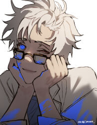  1boy ;) absurdres blood blood_on_arm blood_on_clothes blood_on_eyewear blood_on_face blood_on_hands blue_blood blue_eyes blue_shirt closed_mouth commentary_request glasses hands_on_own_cheeks hands_on_own_face highres jacket kanou_aogu korean_commentary long_sleeves male_focus one_eye_closed open_clothes open_jacket rectangular_eyewear saibou_shinkyoku shirt short_hair simple_background smile so-rann solo white_background white_hair white_jacket 