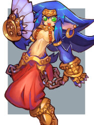  animal_ear_piercing animal_ears animal_hands baggy_pants belt_bra belt_chain big_hair blue_fur blue_hair body_fur breasts cat_ears cat_girl chains claws collar dakusuta earrings fangs female fingerless_gloves folding_fan full_body gauntlets gloves gold gold_armlet gold_belt gold_circlet gold_gloves green_eyes hand_fan hand_up highres holding holding_fan hoop_earrings jewelry large_breasts long_hair long_pointy_ears long_sidelocks looking_at_viewer monster_girl navel open_mouth pants panzer_bandit pointy_ears red_pants senka_(panzer_bandit) short_tail slit_pupils smile solo spiked_collar spikes tail topless v-shaped_eyebrows 