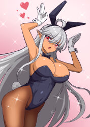  ahoge animal_ears armpits black_bow black_bowtie black_leotard bow bowtie breasts brown_pantyhose cleavage covered_navel dark_elf elf erinnyes eyebrows_hidden_by_hair fake_animal_ears fake_tail female gloves groin hair_between_eyes heart highres large_breasts leotard long_hair looking_at_viewer open_mouth pantyhose playboy_bunny pointy_ears rabbit_ears rabbit_pose rabbit_tail reanette_elfelt red_eyes shinmai_ossan_bokensha simple_background solo sparkle tail very_long_hair white_gloves white_hair 