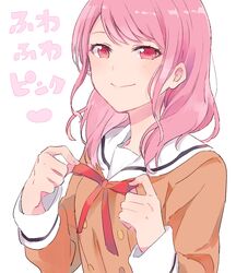  adjusting_neck_ribbon bang_dream! brown_shirt buttons closed_mouth commentary_request double-breasted female hanasakigawa_school_uniform highres long_sleeves looking_at_viewer maruyama_aya medium_hair musshu_(omu001) neck_ribbon pink_eyes pink_hair red_ribbon ribbon sailor_collar school_uniform serafuku shirt smile solo translated upper_body white_sailor_collar 