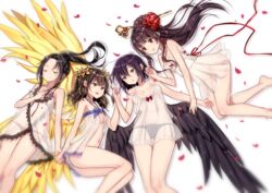  4girls :d angel_wings arm_behind_back artist_name ass babydoll bad_id bad_pixiv_id bare_arms bare_legs bare_shoulders barefoot black_hair black_panties black_wings blue_bow blunt_bangs blush body_blush bottomless bow bow_panties breasts breasts_apart brown_hair brown_panties closed_eyes closed_mouth collarbone dungeon_and_fighter earrings ears_visible_through_hair feathered_wings female_crusader_(dungeon_and_fighter) female_priest_(dungeon_and_fighter) flower from_above glint goyain hair_flower hair_ornament hair_stick half-closed_eyes hand_on_own_chest highres holding_hands inquisitor_(dungeon_and_fighter) jewelry lace_trim lingerie long_hair looking_to_the_side low_wings lying medium_breasts mistress_(dungeon_and_fighter) multiple_girls navel no_panties on_back on_side open_mouth panties petals ponytail purple_hair red_bow red_flower red_ribbon red_rose ribbon rose see-through shaman_(dungeon_and_fighter) shiny_skin sidelocks small_breasts smile sparkle stomach thigh_gap thighs tsurime underboob underwear underwear_only wavy_hair white_babydoll wings yellow_wings 