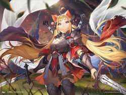  ahoge animal_ears armor artist_name balan_wandering_knight black_hood black_leotard blonde_hair boots bracer breastplate cape capelet cat_ears cat_girl cat_nose choker cloud cloudy_sky copyright_notice cowboy_shot dagger dual_wielding embers evening female furry furry_female grasslands hair_ornament hikimayu hilt holding holding_sword holding_weapon hood hood_down knife knight leather_strap leotard leotard_under_clothes long_hair looking_at_viewer looking_down magic:_the_gathering mountain okuma_mai pauldrons pelvic_curtain red_cape red_capelet red_eyes red_loincloth shoulder_armor showgirl_skirt sidelocks single_pauldron skirt sky solo swept_bangs sword sword_on_back thigh_boots thigh_strap twintails very_long_hair warrior weapon weapon_on_back white_cape white_loincloth wind 