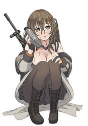  :o assault_rifle black_footwear boots breasts brown_eyes brown_hair canister cleavage daewoo_k2 female fingerless_gloves full_body girls&#039;_frontline gloves gun hair_between_eyes hair_ornament hairpin jacket k2_(girls&#039;_frontline) long_hair long_sleeves open_mouth pantyhose rifle simple_background solo squatting sweat tab_(tabkun) weapon white_background white_jacket 