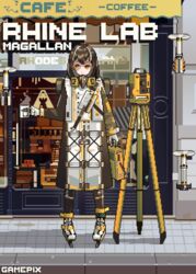  ankleband arknights brown_coat brown_hair character_name coat coffee_mug cup drone female full_body gamepix gloves highres holding holding_cup infection_monitor_(arknights) magallan_(arknights) mask mask_around_neck mug multicolored_coat multicolored_hair outdoors pixel_art rhodes_island_logo_(arknights) shadow short_hair sidewalk skates solo standing streaked_hair theodolite two-tone_coat white_coat white_footwear white_gloves white_hair yellow_eyes 