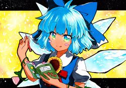  :3 :q bad_id bad_twitter_id blue_bow blue_dress blue_eyes blue_hair blush_stickers book bookmark bow cirno collared_shirt commentary_request dress dress_shirt female flower gradient_eyes hairbow hands_up holding holding_book holding_pencil ice ice_wings letterboxed morning_glory multicolored_eyes neck_ribbon open_book outside_border painting_(medium) pencil pinafore_dress pink_flower plant puffy_short_sleeves puffy_sleeves qqqrinkappp raised_eyebrows red_ribbon ribbon shirt short_hair short_sleeves sleeveless sleeveless_dress solo square star_(symbol) sunflower tan tanned_cirno tongue tongue_out touhou traditional_media upper_body vines watercolor_(medium) white_shirt wing_collar wings yellow_eyes yellow_flower 