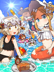  6+girls :d abigail_williams_(fate) abigail_williams_(swimsuit_foreigner)_(fate) abigail_williams_(swimsuit_foreigner)_(third_ascension)_(fate) absurdres ahoge ball beachball bendy_straw beret bikini black_bikini black_bow black_headwear blonde_hair blue_eyes blue_one-piece_swimsuit blue_sky bonnet book bow bow_choker braid brown_headwear butter choker cloud commentary_request cup day double_bun drink drinking_glass drinking_straw fate/apocrypha fate/extra fate/grand_order fate_(series) fish flat_chest floating_hair food fork fujimaru_ritsuka_(female) giant giantess goggles goggles_on_head green_eyes grey_hair hair_between_eyes hair_bun hairbow hat highres holding holding_book holding_cup innertube jack_the_ripper_(fate/apocrypha) jeanne_d&#039;arc_alter_santa_lily_(fate) jitome korean_commentary lakilolom lens_flare long_hair looking_at_viewer looking_down low_ponytail multiple_girls navel nursery_rhyme_(fate) ocean one-piece_swimsuit open_book open_mouth orange_eyes orange_hair outdoors pancake pancake_stack parody parted_bangs paul_bunyan_(fate) pink_eyes pink_innertube red_bow red_headwear red_innertube riyo_(lyomsnpmp)_(style) saucer scar scar_on_cheek scar_on_face sharp_teeth short_hair sitting sky smile snorkel stitches striped_clothes striped_one-piece_swimsuit style_parody suction_cups sun swim_cap swim_ring swimsuit syrup teeth tentacle twin_braids wading water wet white_bikini white_bow white_choker white_hair 