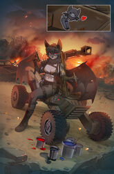  ammo_belt anthro armwear bat boots bra city cityscape clothed clothing crossout_(game) day detailed_background elbow_gloves erica_fangtasia_batsy explosives female fingerless_gloves footwear gaijin_entertainment gloves grenade gun handwear hi_res holding_gun holding_object holding_ranged_weapon holding_weapon legwear mammal melloque midriff navel outside paint pinup pose ranged_weapon red_eyes rocket_launcher shoulder_pads smile solo stockings submachine_gun underwear vehicle weapon 