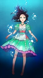  alice:_madness_returns alice_liddell_(american_mcgee&#039;s_alice) american_mcgee&#039;s_alice barefoot black_hair breasts closed_mouth dress feet female green_eyes highres jewelry long_hair mermaid_costume necklace popompon puffy_short_sleeves puffy_sleeves short_sleeves solo 