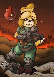  animal_crossing anthro armor armwear bodysuit boots cacodemon canid canine canis clothing crossover darknetic demon demon_humanoid dirt domestic_dog doom_(2016) doom_(series) eyebrow_through_hair eyebrows eyelashes feet female fire foot_on_face foot_on_stomach footwear fur gun hair heart_symbol hell hi_res humanoid id_software isabelle_(animal_crossing) mammal microsoft monster monstrous_humanoid nintendo possessed_worker_(doom) ranged_weapon shotgun simple_background skinsuit tight_clothing translucent translucent_hair undead weapon yellow_body yellow_fur zombie 