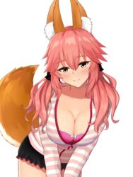  animal_ear_fluff animal_ears black_shorts blush bra breasts cleavage collarbone fate/extella fate/extra fate/extra_ccc fate_(series) female fox_ears fox_girl fox_tail highres igloo_03 large_breasts looking_at_viewer official_alternate_costume open_clothes open_shirt pink_bra pink_hair shorts simple_background smile solo tail tamamo_(fate) tamamo_no_mae_(fate/extra) tamamo_no_mae_(spring_casual)_(fate) twintails underwear white_background yellow_eyes 