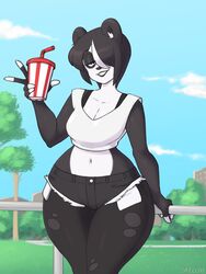  2019 3:4 anthro bear bottomwear bra breasts cleavage clothed clothing cloud container cup cutoffs daisy_dukes denim denim_bottomwear denim_clothing detailed_background female gesture giant_panda hair hair_over_eye hand_gesture hi_res holding_container holding_cup holding_object hotpants legwear mammal midriff navel one_eye_obstructed outside plant purple_eyes shirt short_hair shorts signature skecchiart sky smile solo tank_top topwear torn_bottomwear torn_clothing torn_legwear tree underwear v_sign vivian_vivi wide_hips 