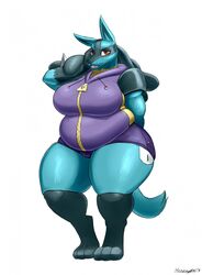  2018 anthro anthrofied belly belly_rolls big_breasts black_body black_fur blue_body blue_fur bottomwear breasts clothed clothing curvy_figure digitigrade female fur generation_4_pokemon gloves_(marking) hi_res hoodie hotpants huge_breasts leg_markings love_handles lucario markings muffin_top nintendo open_mouth overweight overweight_anthro overweight_female pokeball pokemon pokemon_(species) red_eyes shorts simple_background sleepingeel smile socks_(marking) solo thick_thighs topwear voluptuous white_background wide_hips yellow_body yellow_fur 