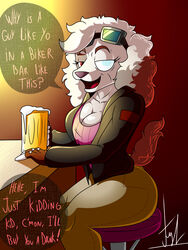  alcohol anthro bar bar_stool beer belladonna_(lechugansfw) beverage biker_jacket blind_eye breasts canid canine canis cleavage clothed clothing dialogue domestic_dog english_text eyewear female fingerless_gloves fur furniture glasses gloves goggles handwear hi_res lechugansfw looking_at_viewer mammal mature_female offscreen_character sitting solo stool text white_body white_fur 