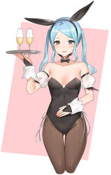  alcohol alternate_costume bare_shoulders blue_hair breasts drink female fire_emblem fire_emblem_fates flora_(fire_emblem) glass grey_eyes haru_(nakajou-28) highres leotard looking_at_viewer pantyhose pink_background plate playboy_bunny short_hair small_breasts smile solo strapless strapless_leotard twintails waitress 