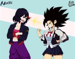  2girls angry big_hair black_hair black_jacket black_skirt blue_eyes breasts caulifla caulifla_(cosplay) cleavage clenched_hand clenched_teeth commentary confrontation cosplay costume_switch crossed_arms crossover dragon_ball dragon_ball_super echo_saber english_commentary glaring jacket kill_la_kill matoi_ryuuko matoi_ryuuko_(cosplay) midriff multiple_girls navel open_mouth pants pleated_skirt school_uniform senketsu short_hair skirt spiked_hair standing strapless teeth tube_top 