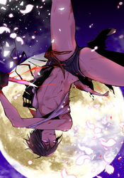  1boy bad_id bad_pixiv_id black_gloves black_hair blood cuts full_moon gloves glowing glowing_eyes grin injury katsugeki/touken_ranbu kneehighs looking_at_viewer male_focus moon no_nipples pectorals purple_eyes shinozaki_kyouko short_hair short_shorts shorts smile socks solo thighs touken_ranbu yagen_toushirou 