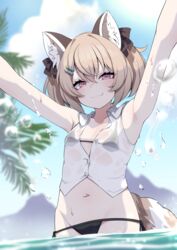  absurdres arms_up bikini black_bikini black_ribbon brown_hair female flat_chest hair_ornament hair_ribbon hairclip highres komachi_panko looking_at_viewer medium_hair navel outdoors partially_unbuttoned phase_connect purple_eyes red_panda_ears red_panda_tail ribbon see-through shirt side-tie_bikini_bottom smile solo string_bikini swimsuit twintails valefal_coneri virtual_youtuber water_drop wet white_shirt 