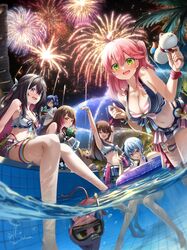  0th_generation_(hololive) 35p_(sakura_miko) 6+girls :d a-chan_(hololive) aerial_fireworks alternate_breast_size ankimo_(tokino_sora) azki_(hololive) bare_legs barefoot bikini blue_hair breasts brown_hair cleavage colored_inner_hair commentary cup feet fireworks flat_chest foot_out_of_frame glasses green_eyes hair_ornament heel_up highres holding holding_cup hololive hololive_summer_2023_swimsuit hoshimachi_suisei innertube kintoki_(sakura_miko) kito_koruta knees_together_feet_apart large_breasts leaning_forward legs long_hair medium_breasts multicolored_hair multiple_girls navel night one_side_up pantyhose pantyhose_under_shorts pink_hair purple_eyes roboco-san sakura_miko short_hair shorts sitting small_breasts smile soles squatting stretching swim_ring swimsuit thigh_strap toes tokino_sora tree virtual_youtuber x_hair_ornament 