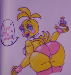  animate_inanimate animatronic anthro ass avian beak bib bird blue_eyes breasts butt_focus chicken clothing cupcake cupcake_(fnaf) deezypeezy dialogue english_text feathers female five_nights_at_freddy&#039;s five_nights_at_freddy&#039;s_2 food food_creature galliform gallus_(genus) head_tuft holding_food holding_object knee_highs legwear looking_at_viewer looking_back machine non-mammal_breasts open_mouth panties phasianid pink_cheeks pink_clothing pink_underwear presenting presenting_hindquarters robot scottgames solo speech_bubble tail tail_feathers text toy_chica_(fnaf) traditional_media_(artwork) tuft underwear 