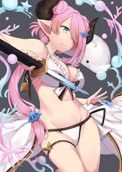  alternate_hairstyle bad_id bad_pixiv_id bare_shoulders beluga_whale bikini black_bikini blue_eyes blush braid breasts cleavage commentary_request draph female granblue_fantasy hair_ornament hair_over_one_eye highres holding holding_weapon horns kaname_(melaninusa09) large_breasts light_purple_hair long_hair narmaya_(granblue_fantasy) narmaya_(summer)_(granblue_fantasy) navel official_alternate_costume pointy_ears smile solo swimsuit two-tone_bikini weapon whale white_bikini 