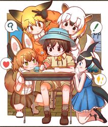  1boy 4girls animal_ears anteater_ears anteater_tail black_fur black_gloves black_hair blonde_hair blue_dress blue_hair blush bow bowtie brown_eyes brown_hair bucket_hat captain_(kemono_friends) cetacean_tail collared_shirt commentary common_dolphin_(kemono_friends) dark_skin desk dhole_(kemono_friends) diamond-shaped_pupils diamond_(shape) dog_ears dog_girl dog_tail dorsal_fin dress epaulettes extra_ears ezo_red_fox_(kemono_friends) fins fish_tail footwear_bow fox_ears fox_girl fox_tail frilled_dress frills fur_trim gloves green_eyes hair_between_eyes hat heart highres jacket japari_symbol kemono_friends kemono_friends_3 kneeling light_brown_hair long_hair long_sleeves looking_at_another multicolored_hair multiple_girls open_mouth orange_hair orange_jacket pleated_dress pleated_skirt rakugakiraid safari_jacket sailor_collar shirt shoes short_hair short_sleeves shorts sitting skirt sleeveless socks southern_tamandua_(kemono_friends) spoken_heart squatting surrounded sweatdrop symbol-shaped_pupils tail uniform vest white_bow white_bowtie white_gloves white_hair writing yellow_eyes 