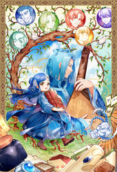  3girls 6+boys :d animal artist_name baby bandura benno_(honzuki_no_gekokujou) bird blue_cape blue_dress blue_hair blue_legwear book book_strap boots border brown_footwear cape closed_mouth commentary_request day dress effa_(honzuki_no_gekokujou) ferdinand_(honzuki_no_gekokujou) flower framed fran_(honzuki_no_gekokujou) gunther_(honzuki_no_gekokujou) hair_bun hair_flower hair_ornament harspiel highres holding holding_book holding_instrument honzuki_no_gekokujou instrument kamil_(honzuki_no_gekokujou) kaze-hime long_hair long_sleeves lutz_(honzuki_no_gekokujou) medium_hair multiple_boys multiple_girls myne_(honzuki_no_gekokujou) open_mouth single_hair_bun smile tree tuuli_(honzuki_no_gekokujou) walking watermark web_address yellow_eyes 