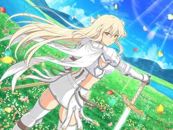  armor ass blonde_hair blue_sky blush breastplate breasts brown_eyes cape cloud couter day falling_petals faulds female field flower flower_field from_behind garter_straps gauntlets gorget grass greaves hair_between_eyes hand_on_hilt holding holding_sword holding_weapon kiritsusei_juuji_academy_uniform lake large_breasts lens_flare leo_(senran_kagura) light_particles long_hair looking_at_viewer looking_back mountain mountainous_horizon official_art orange_flower outdoors pauldrons petals pink_flower plant planted planted_sword red_flower rerebrace senran_kagura senran_kagura_new_link senran_kagura_new_wave shoulder_armor skirt sky smile solo sparkle standing sunlight sword third-party_source water weapon white_armor white_flower white_garter_straps white_skirt yaegashi_nan 