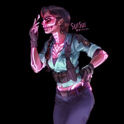  belt black_background black_gloves blue_shirt braid breasts brown_hair calavera caveira_(rainbow_six_siege) cleavage commentary_request cuffs dark-skinned_female dark_skin denim dia_de_muertos facepaint female fingerless_gloves fingernails gloves glowing hair_over_shoulder hand_on_own_hip handcuffs highres holster jeans long_fingernails long_hair medium_breasts paintbrush pants police police_uniform policewoman rainbow_six_siege shirt shoulder_holster single_braid sleeves_rolled_up solo suisui_again ultraviolet_light uniform 