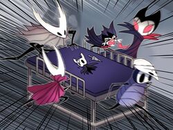  &gt;_&lt; 2boys 3others bed blush cloak closed_eyes commentary_request cracked_mask emphasis_lines female fire flying full_body grey_cloak grimm_(hollow_knight) grimmchild holding hollow_eyes hollow_knight hornet_(hollow_knight) horns hospital_bed knight_(hollow_knight) korean_commentary looking_at_another mask motion_blur multiple_boys multiple_others nail_(hollow_knight) no_humans old_nail_(hollow_knight) on_bed open_mouth pure_vessel pushing quirrel red_cloak red_eyes simple_background speed_lines sword tatami_(damhi123) tears weapon wings 