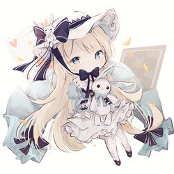  alice_(arcaea) arcaea bad_id bad_pixiv_id black_bow black_footwear blonde_hair blue_eyes blue_shirt bow checkered commentary_request eyebrows_hidden_by_hair female frills full_body hairbow hat heart highres juliet_sleeves layered_skirt lolita_fashion long_hair long_sleeves looking_at_viewer miyu_(miy_u1308) parted_bangs petals petticoat puffy_sleeves shirt shoes skirt solo striped striped_bow stuffed_animal stuffed_rabbit stuffed_toy thighhighs very_long_hair white_background white_hat white_skirt white_thighhighs 