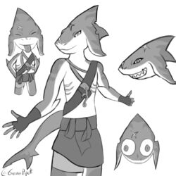  1:1 anthro brawlhalla clothing countershading digital_drawing_(artwork) digital_media_(artwork) facial_scar female fingerless_gloves fish flat_chested giannipapetti gloves greyscale handwear head_markings hi_res mackerel_shark mako_(brawlhalla) mako_shark marine markings monochrome scar shark signature simple_background smile solo teeth white_background white_shark 