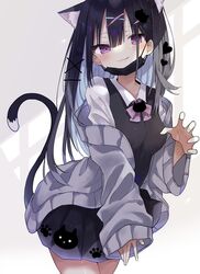  :q animal_ear_fluff animal_ears black_skirt black_surgical_mask black_vest breasts cardigan cat_ears cat_girl cat_tail claw_pose commentary extra_ears female highres long_hair long_sleeves looking_at_viewer mask mask_pull miniskirt mouth_mask off_shoulder open_cardigan open_clothes original purple_eyes shirt skirt sleeves_past_wrists solo suisei_1121 surgical_mask symbol-only_commentary tail tongue tongue_out vest white_shirt 