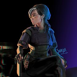  armor artist_glove beanie black_hair braid breastplate breasts commentary crossed_legs dokkaebi_(rainbow_six_siege) english_commentary female glasses gloves hair_over_shoulder hat highres korean_commentary lips looking_to_the_side medium_hair military_operator nose pants partially_fingerless_gloves rainbow_six_siege round_eyewear shoulder_pads single_braid sitting small_breasts solo south_korean_flag suisui_again tablet_pc 